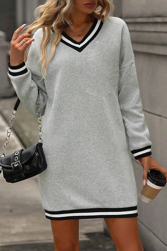 Light Grey Striped Trim V Neck Long Sleeve Preppy T Shirt Dress