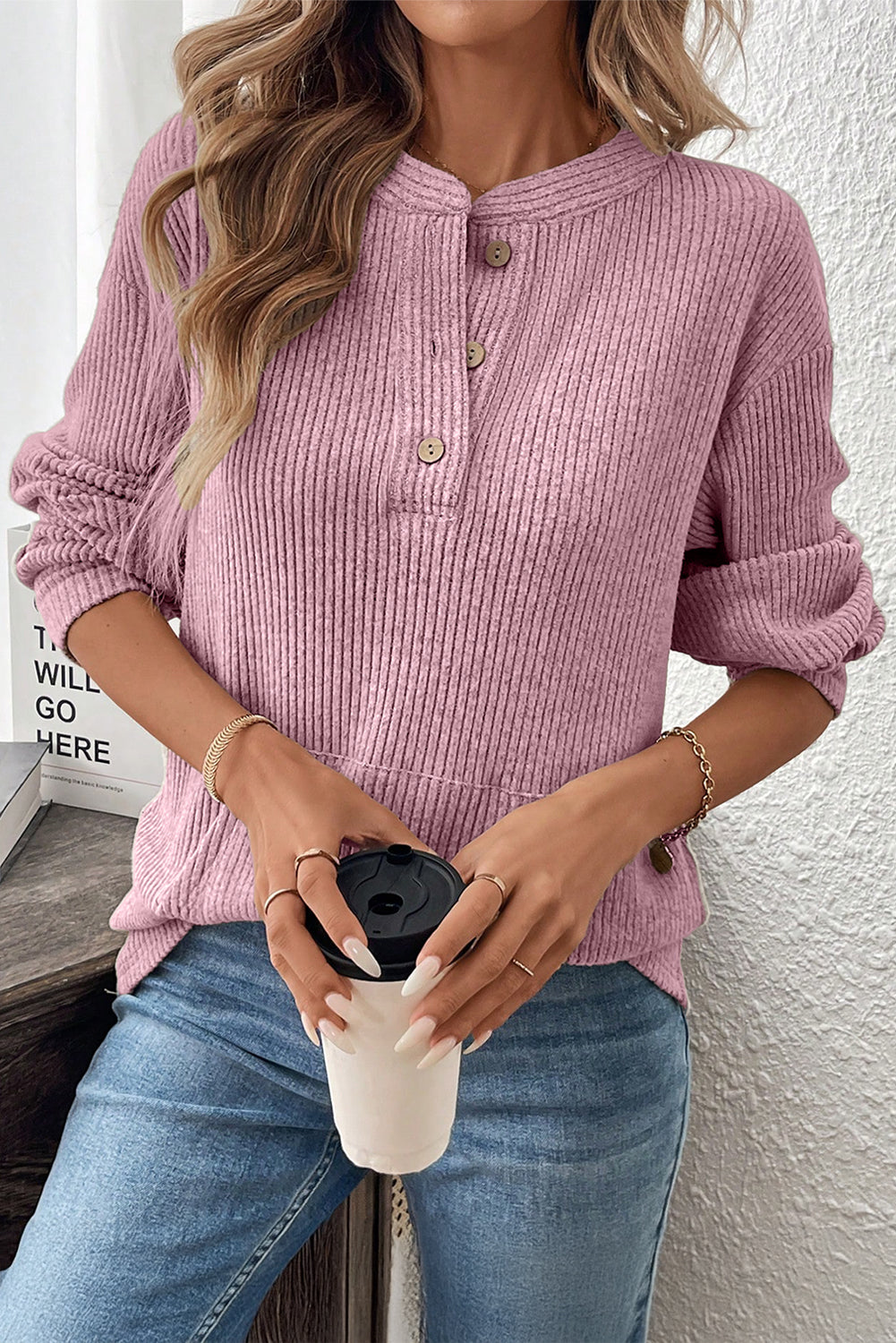 Clearly Aqua Ribbed Henley Knit Top