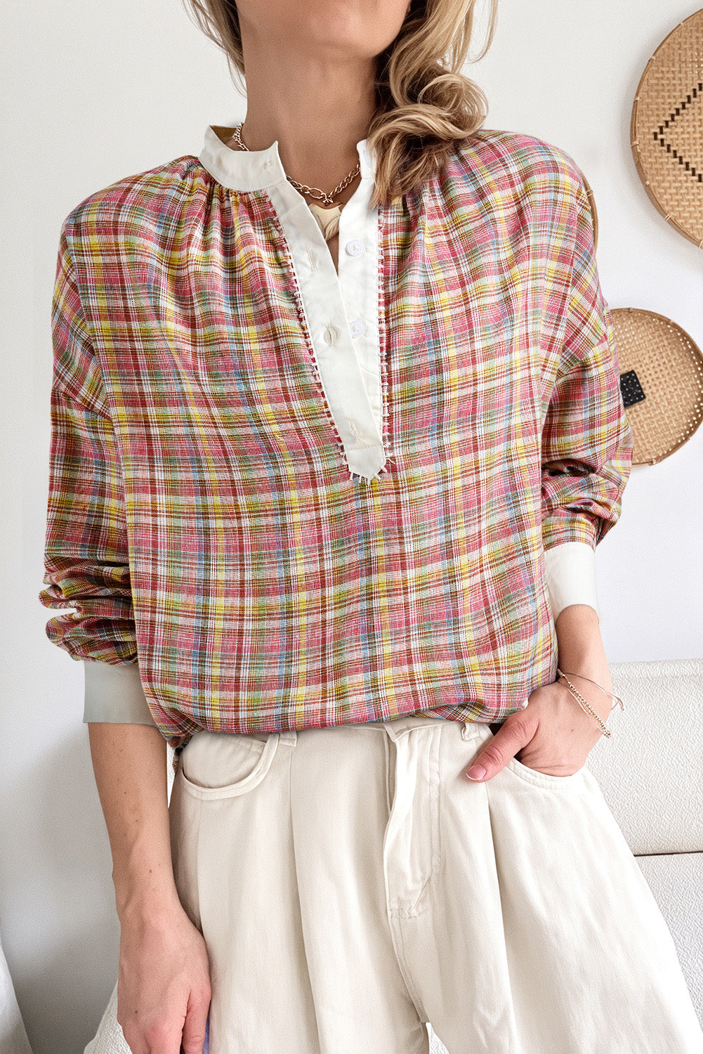 Pink Plaid Contrast-Trim Henley Blouse
