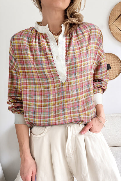 Pink Plaid Contrast-Trim Henley Blouse