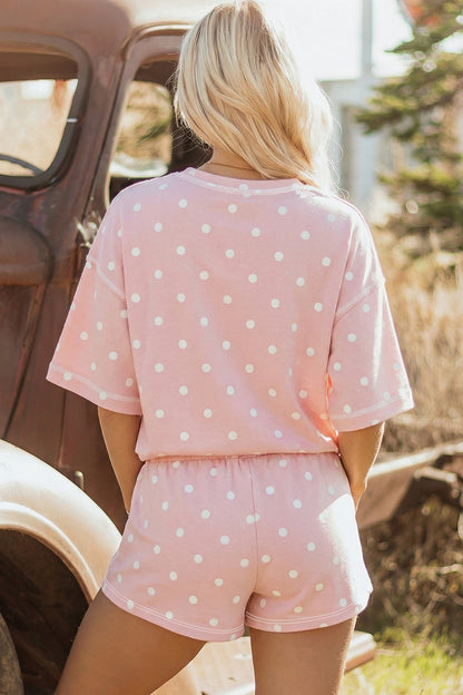 Pink Polka Dot Short-Sleeve Loose Top Drawstring Shorts Set