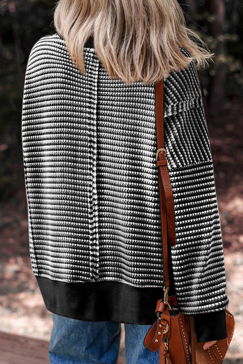 Black Striped Waffle-Knit Oversized Top