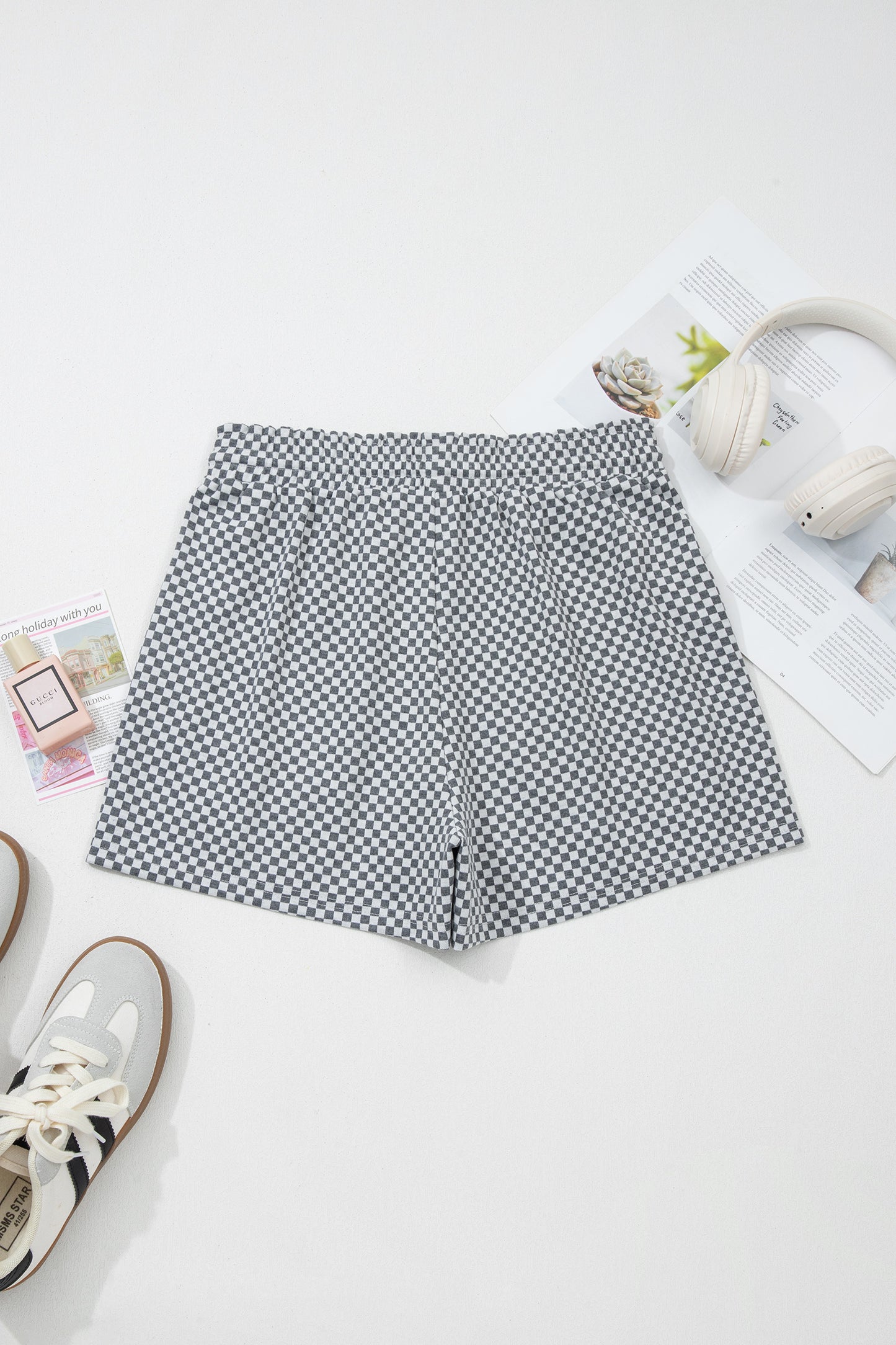 Gray Checkerboard Drawstring Shorts