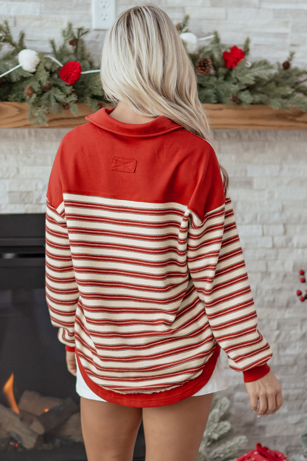 Pink Stripe Buttoned V-Neck Collared Drop-Shoulder Top