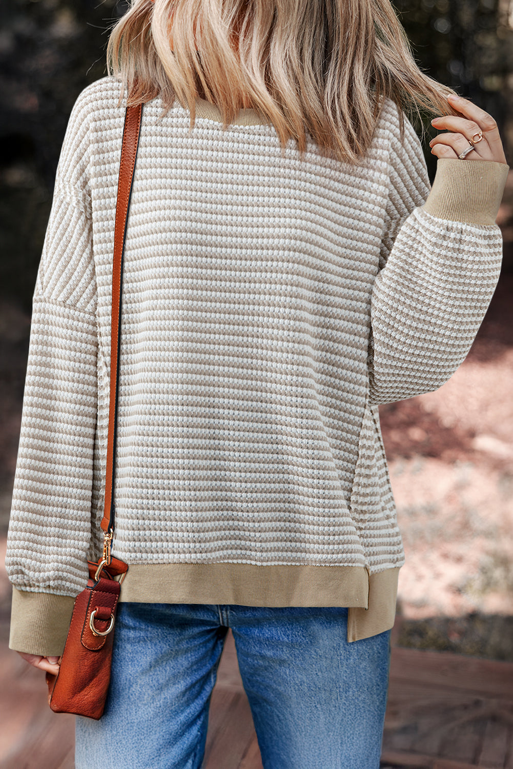 Black Striped Waffle-Knit Oversized Top