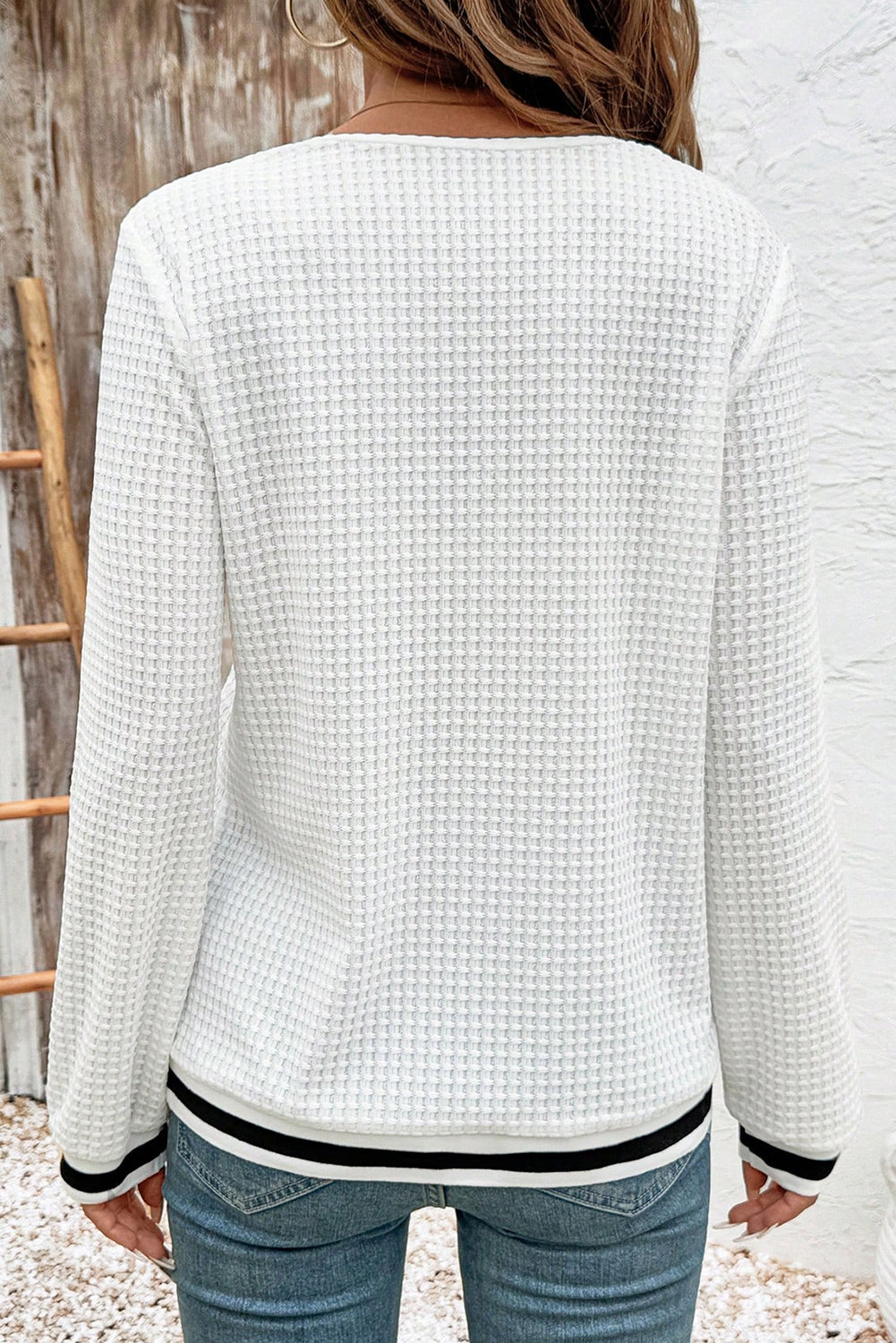 White Waffle-Knit Striped-Trim V-Neck Top