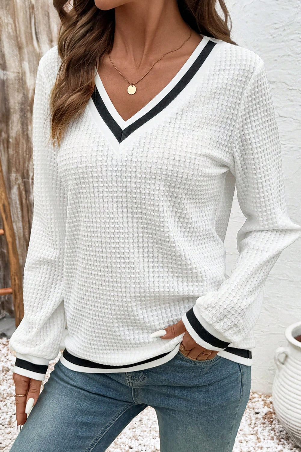 White Waffle-Knit Striped-Trim V-Neck Top