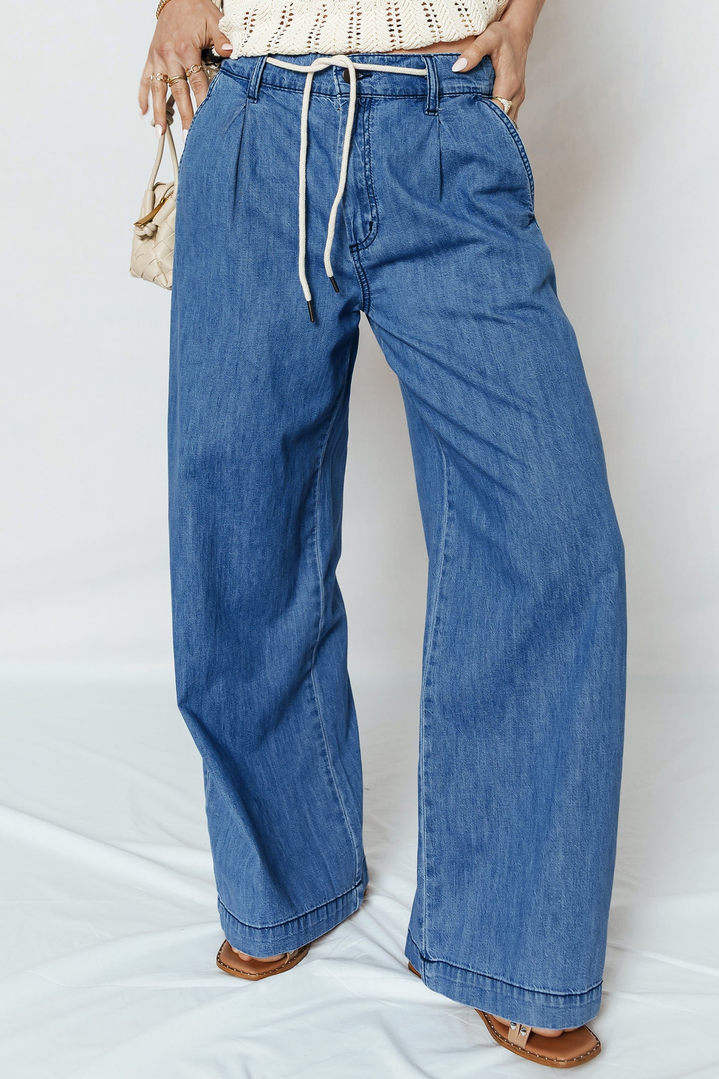 Dusk Blue Lace-Up Wide-Leg Jeans