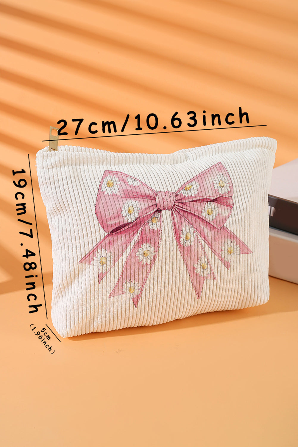 Pink Daisy-Bow Corduroy Makeup Bag