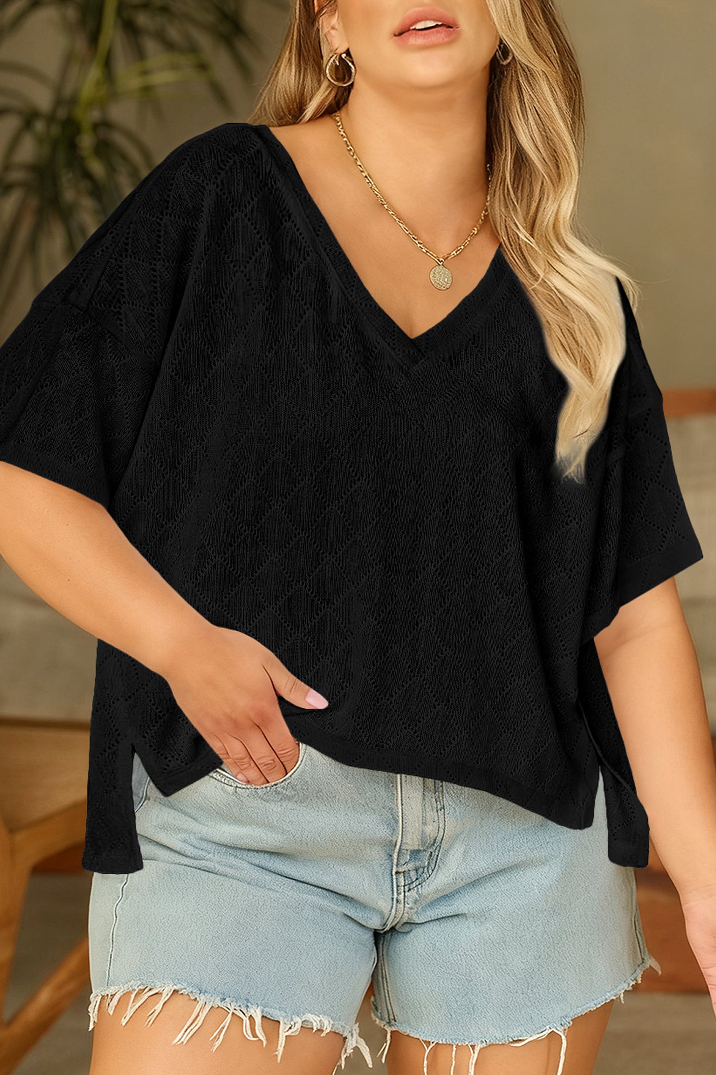 Golden Fleece Pointelle V-Neck Knit Top