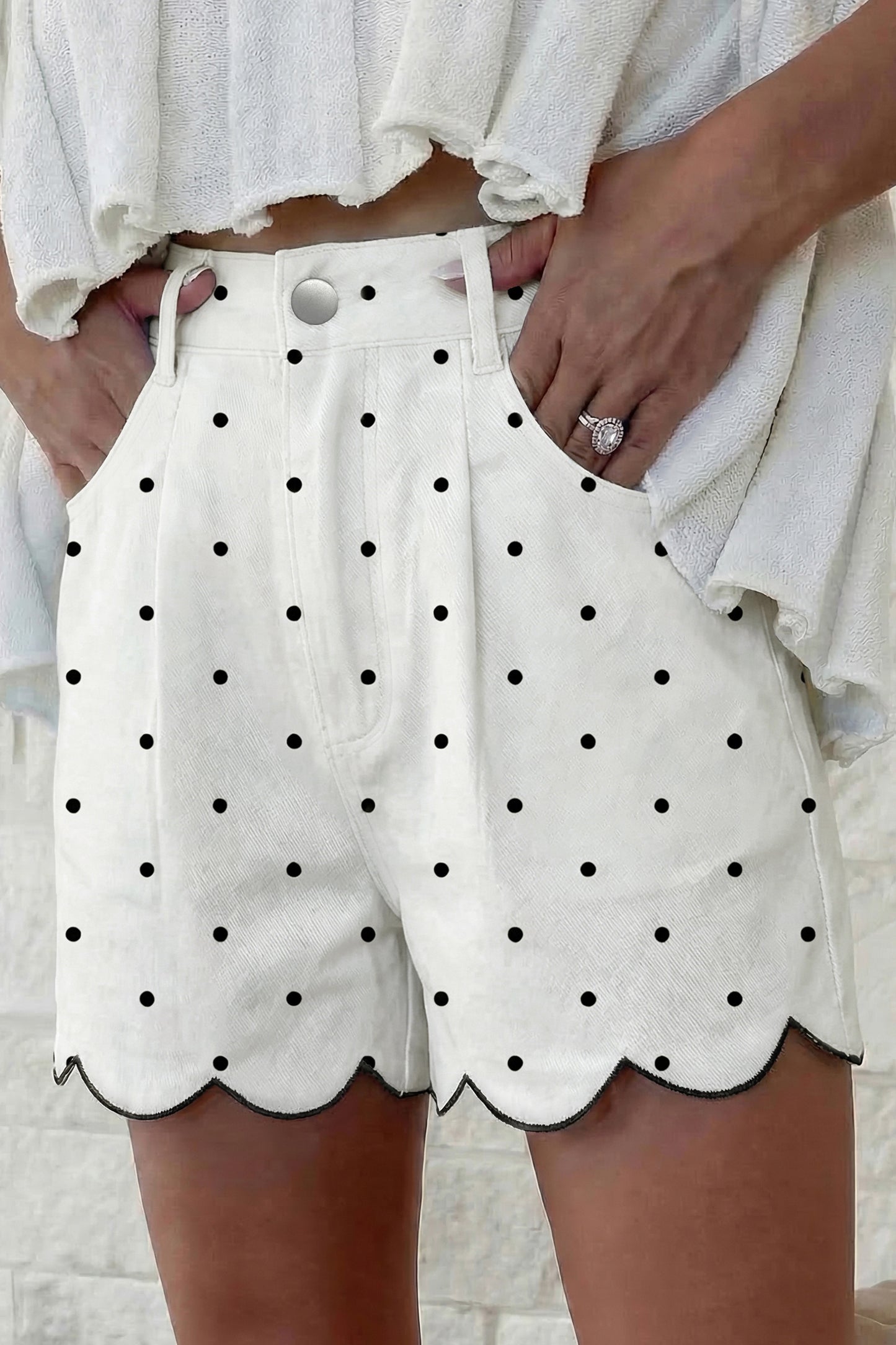 White Polka Dot Print Embroidered Scallop Hem Shorts