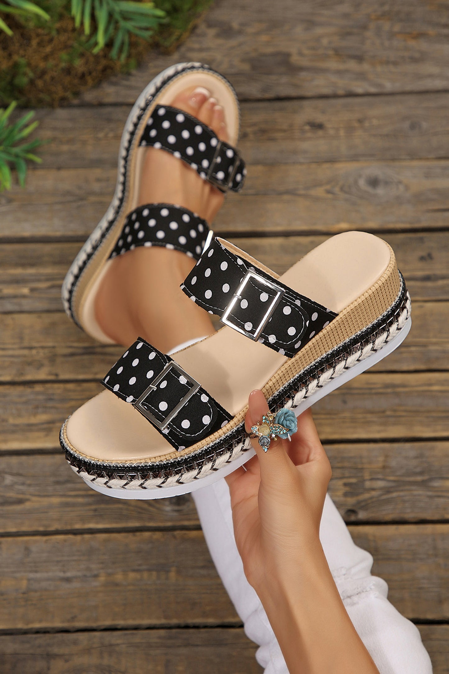 Black Polka-Dot Platform Slides