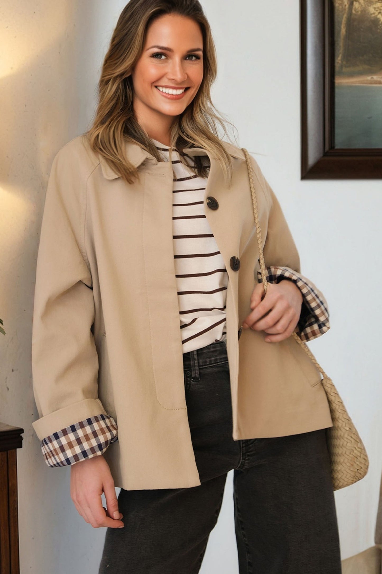 Parchment Plaid-Trim Trench Coat
