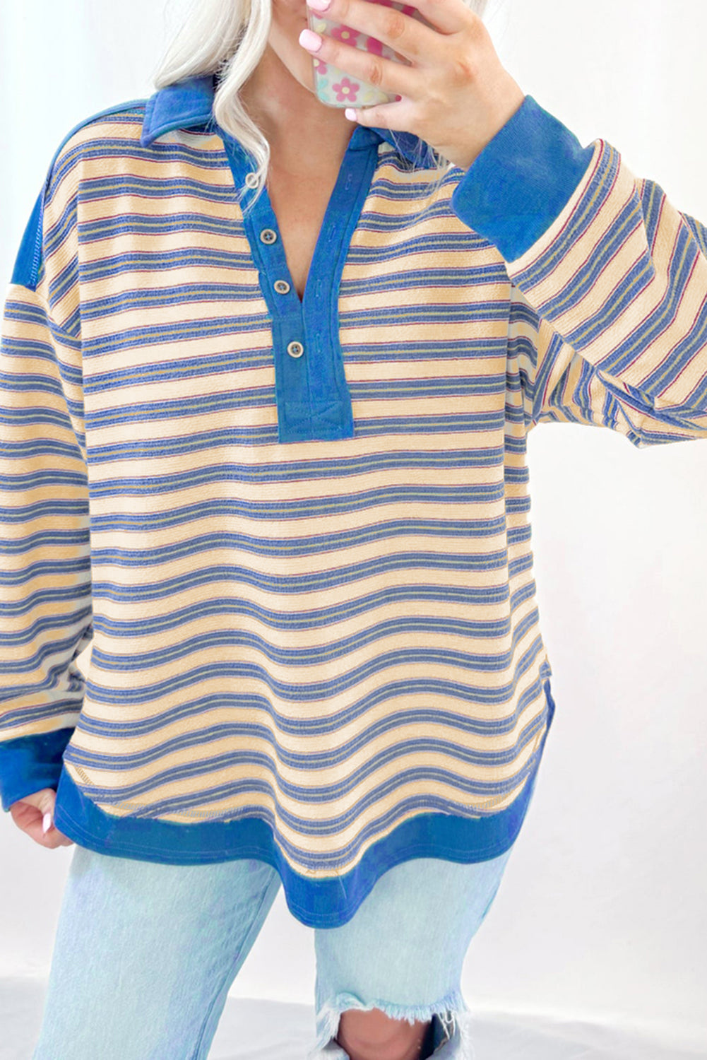 Pink Stripe Buttoned V-Neck Collared Drop-Shoulder Top