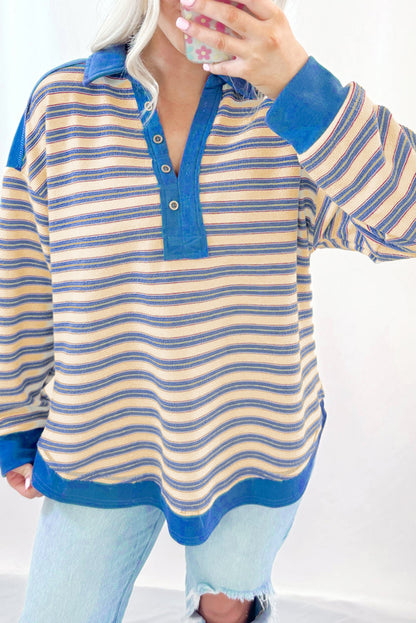 Pink Stripe Buttoned V-Neck Collared Drop-Shoulder Top