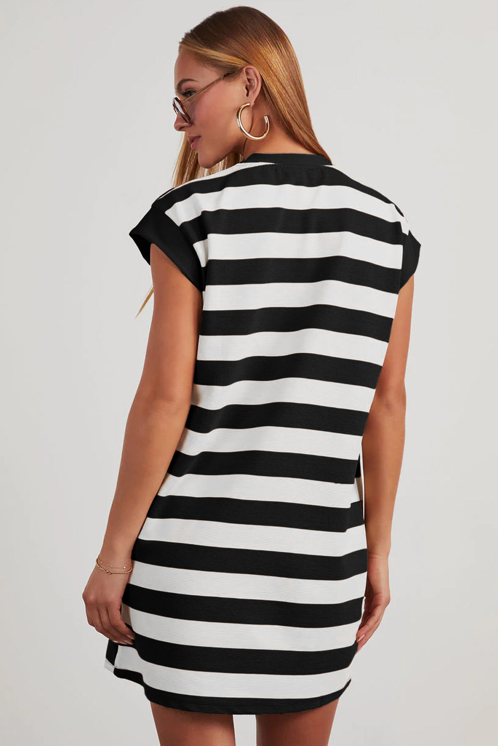 Black Striped Cap-Sleeve T-Shirt Dress