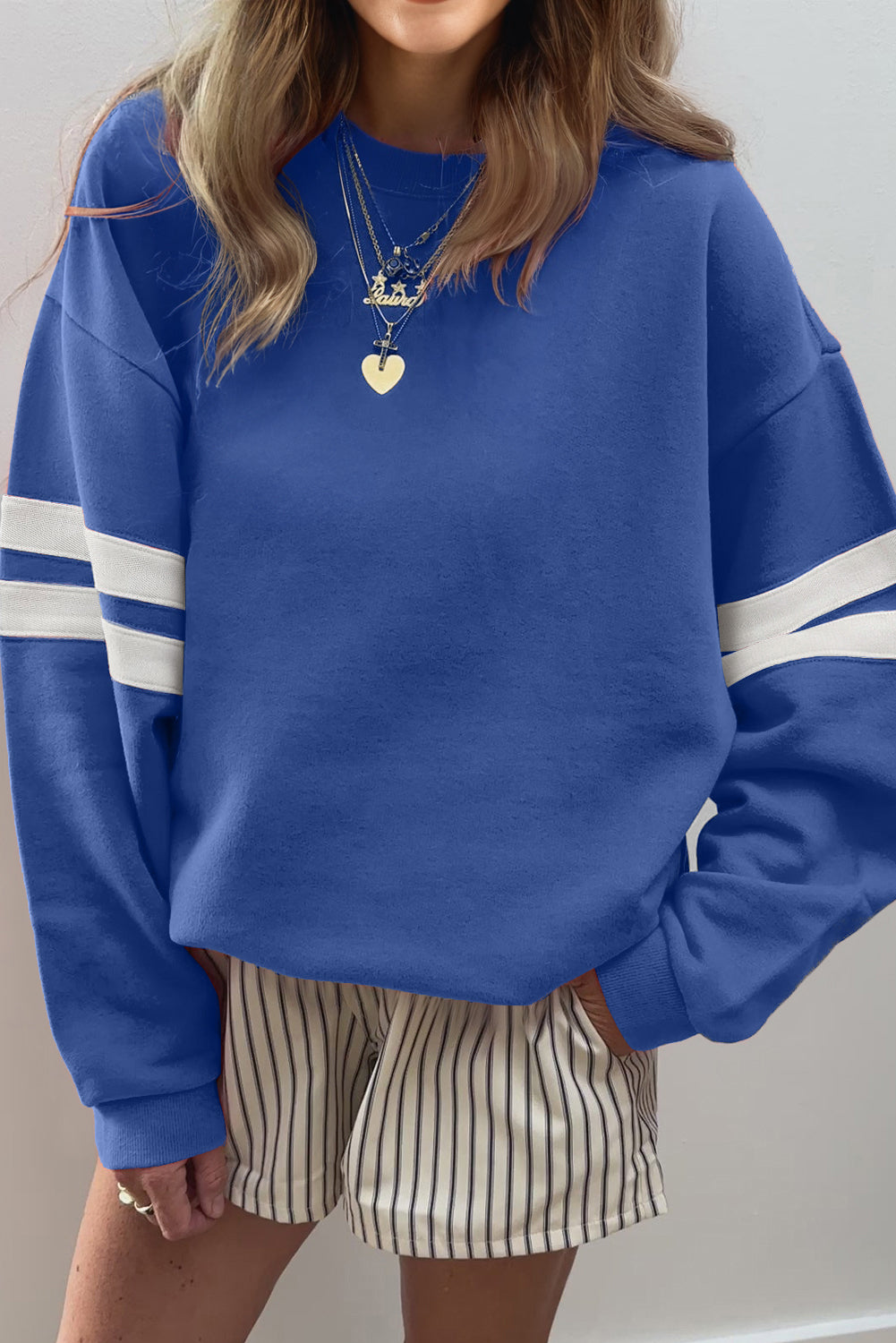 White Varsity Striped Detail Drop-Shoulder Oversized Sweatshirt