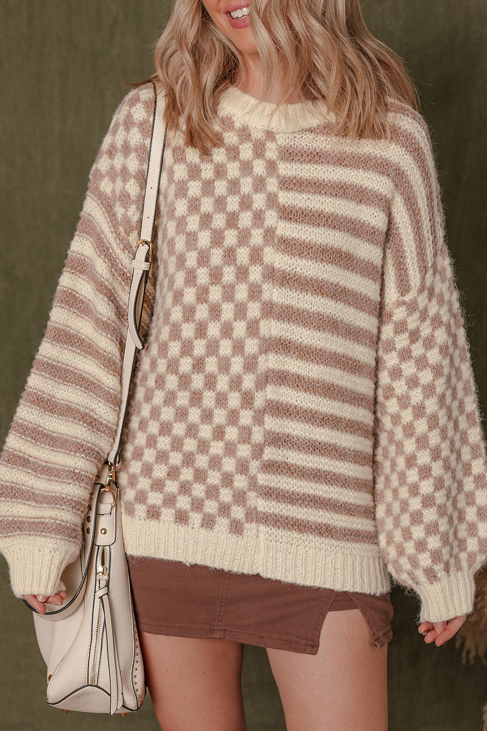 Khaki Checkerboard Striped Sweater