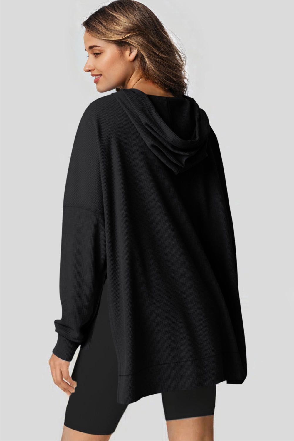 Black Waffle-Knit High-Low Oversized Hoodie