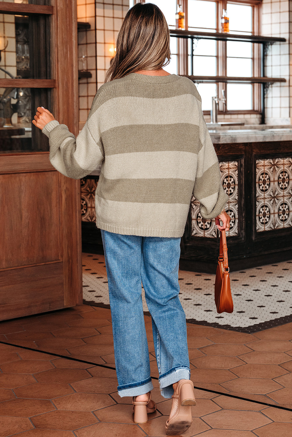 Khaki Striped Tie-Front Cardigan