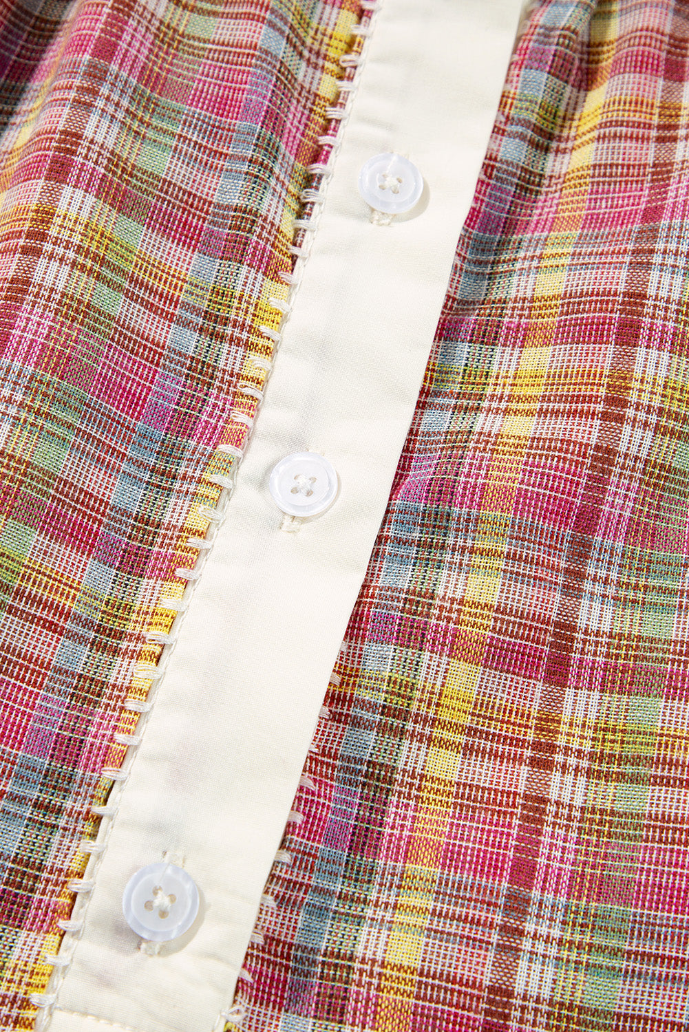 Pink Plaid Contrast-Trim Henley Blouse