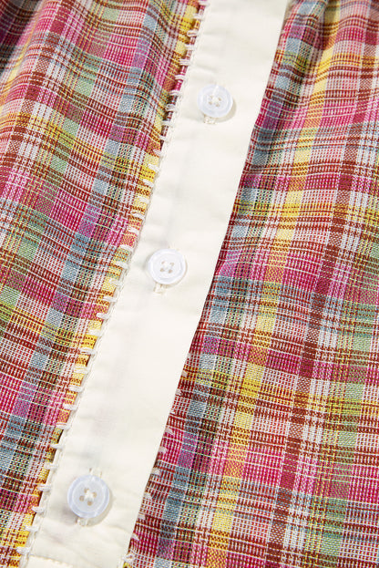 Pink Plaid Contrast-Trim Henley Blouse