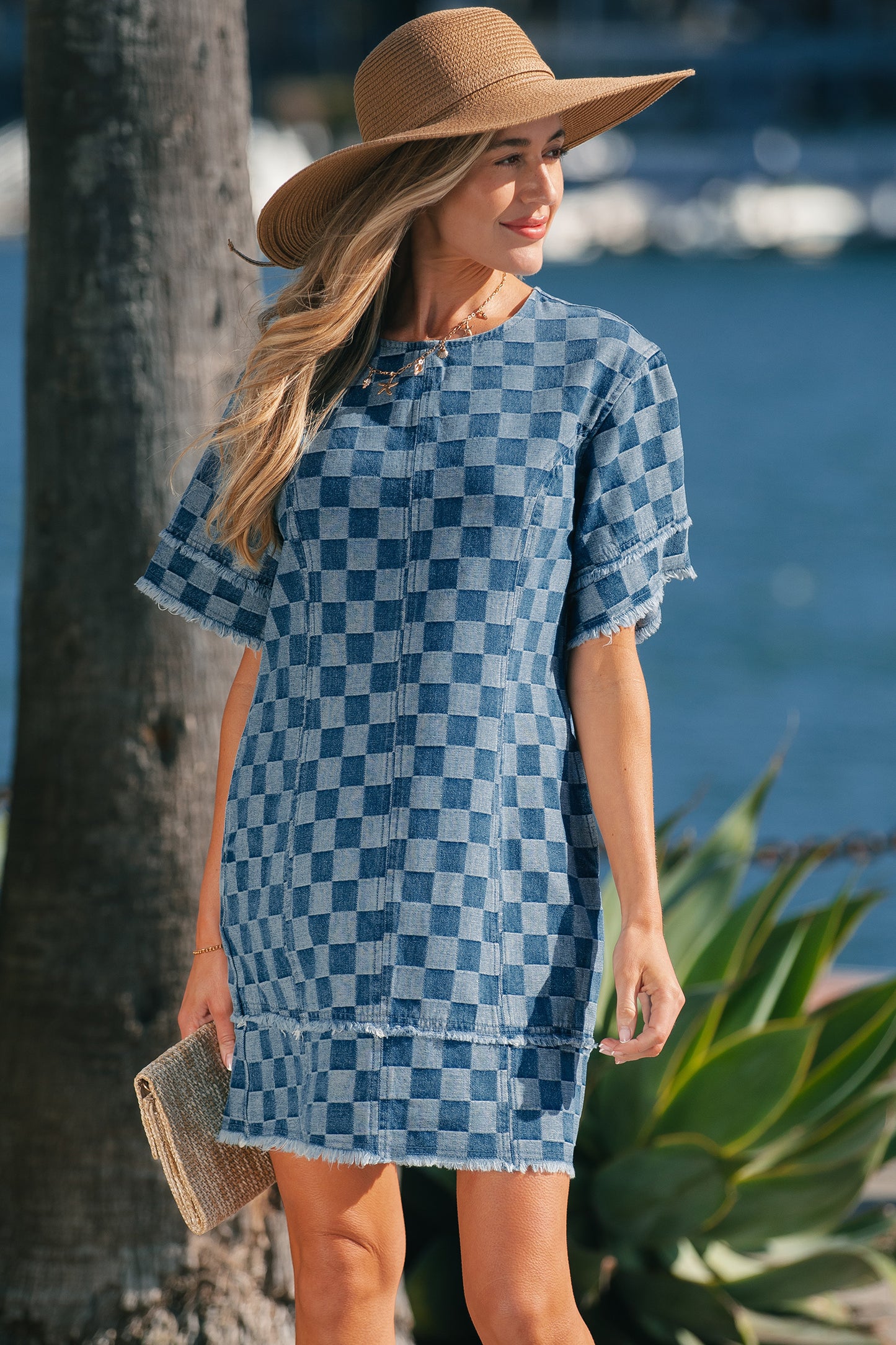 Sky Blue Checkerboard Denim Mini Dress