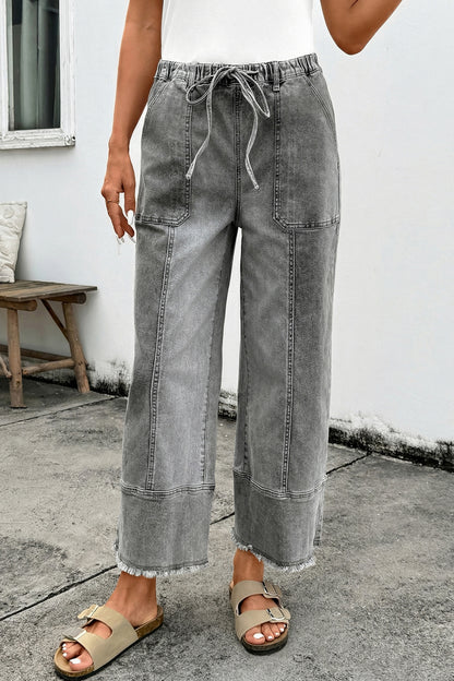 Prussian Blue Drawstring Seam Detail Raw Hem Wide-Leg Denim Pants