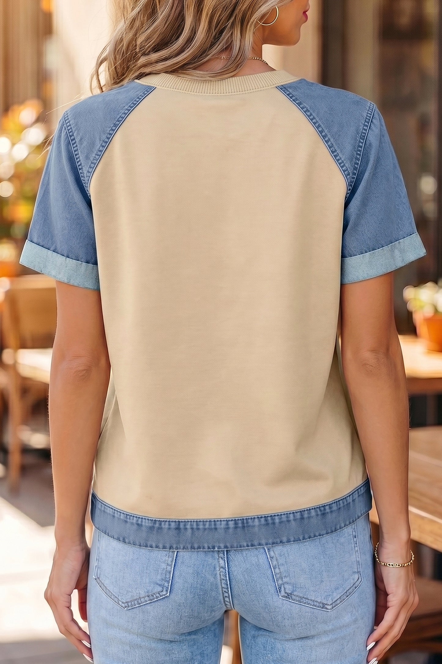 Parchment Denim Color Block Patchwork Round-Neck Tee