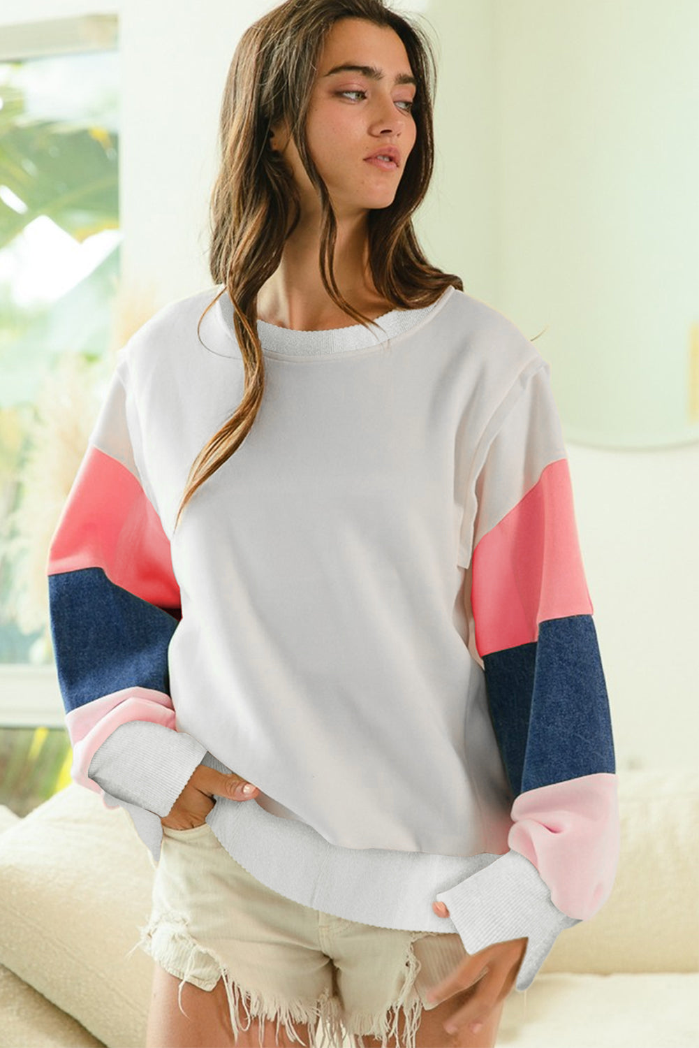 White French Terry Color Block Long-Sleeve Top