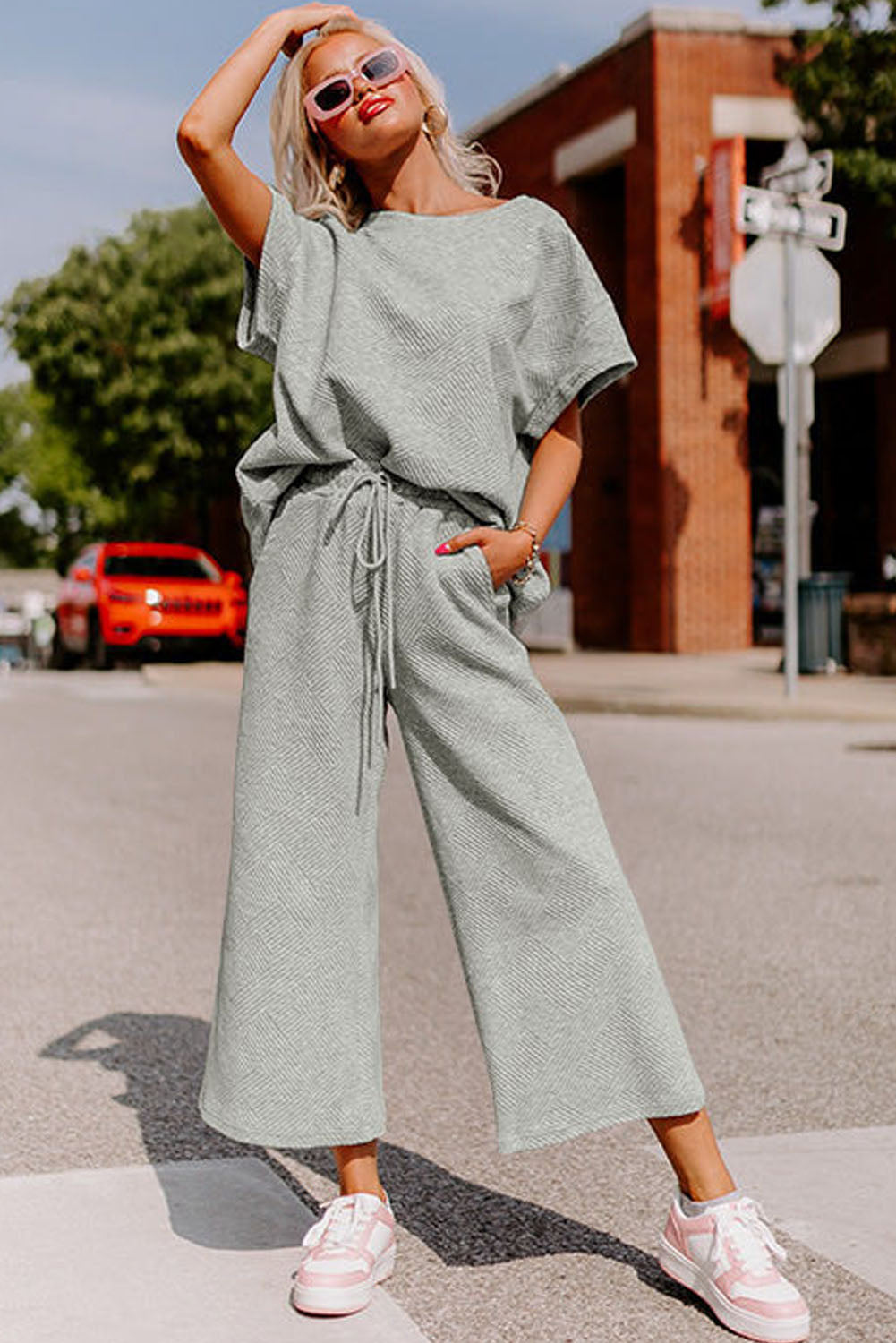 Gray Textured T-Shirt and Pants Set
