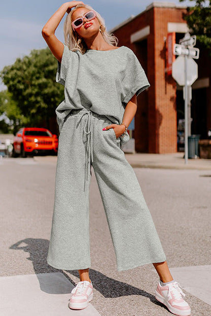 Gray Textured T-Shirt and Pants Set