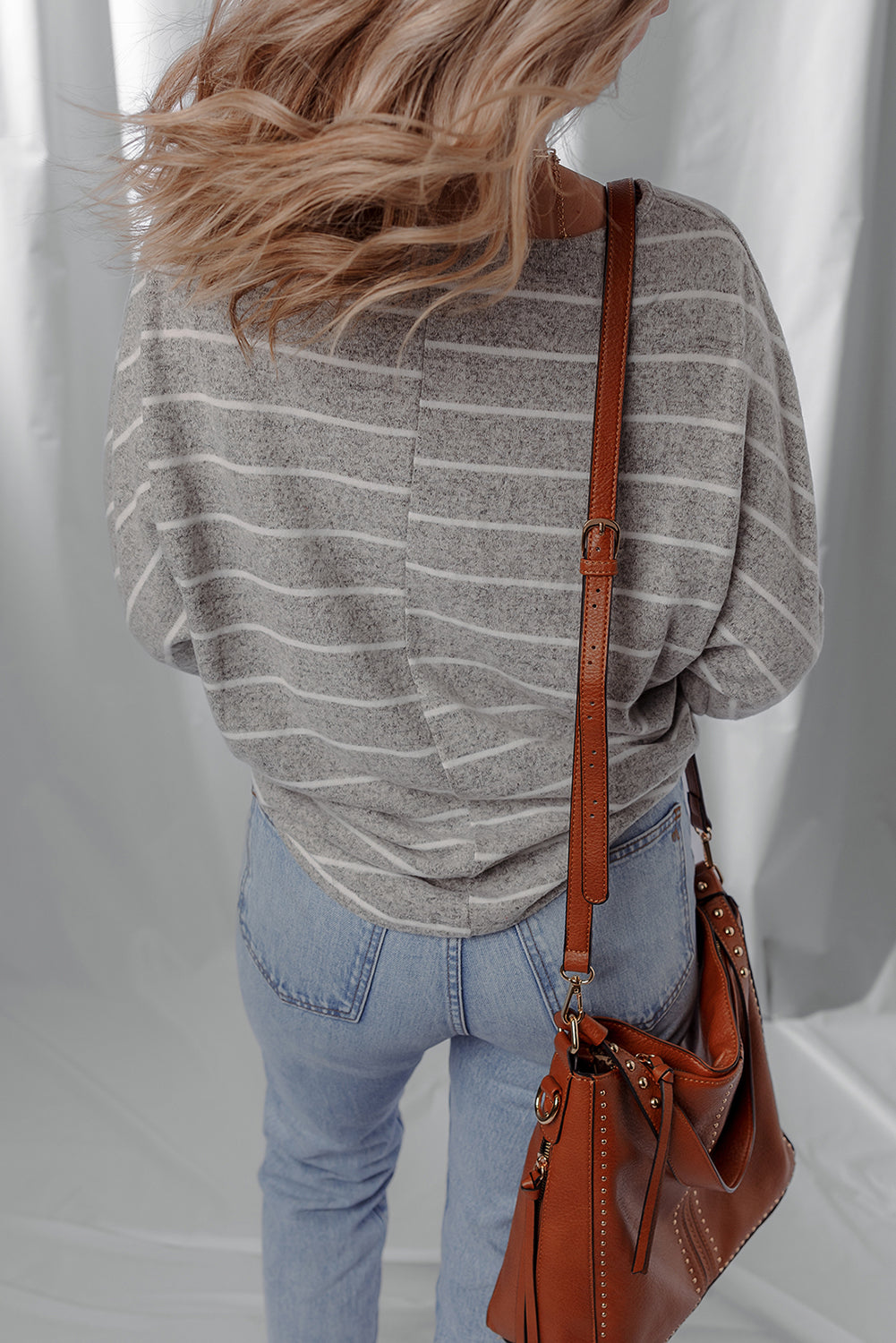 Gray Stripe Dolman-Sleeve Knit Top