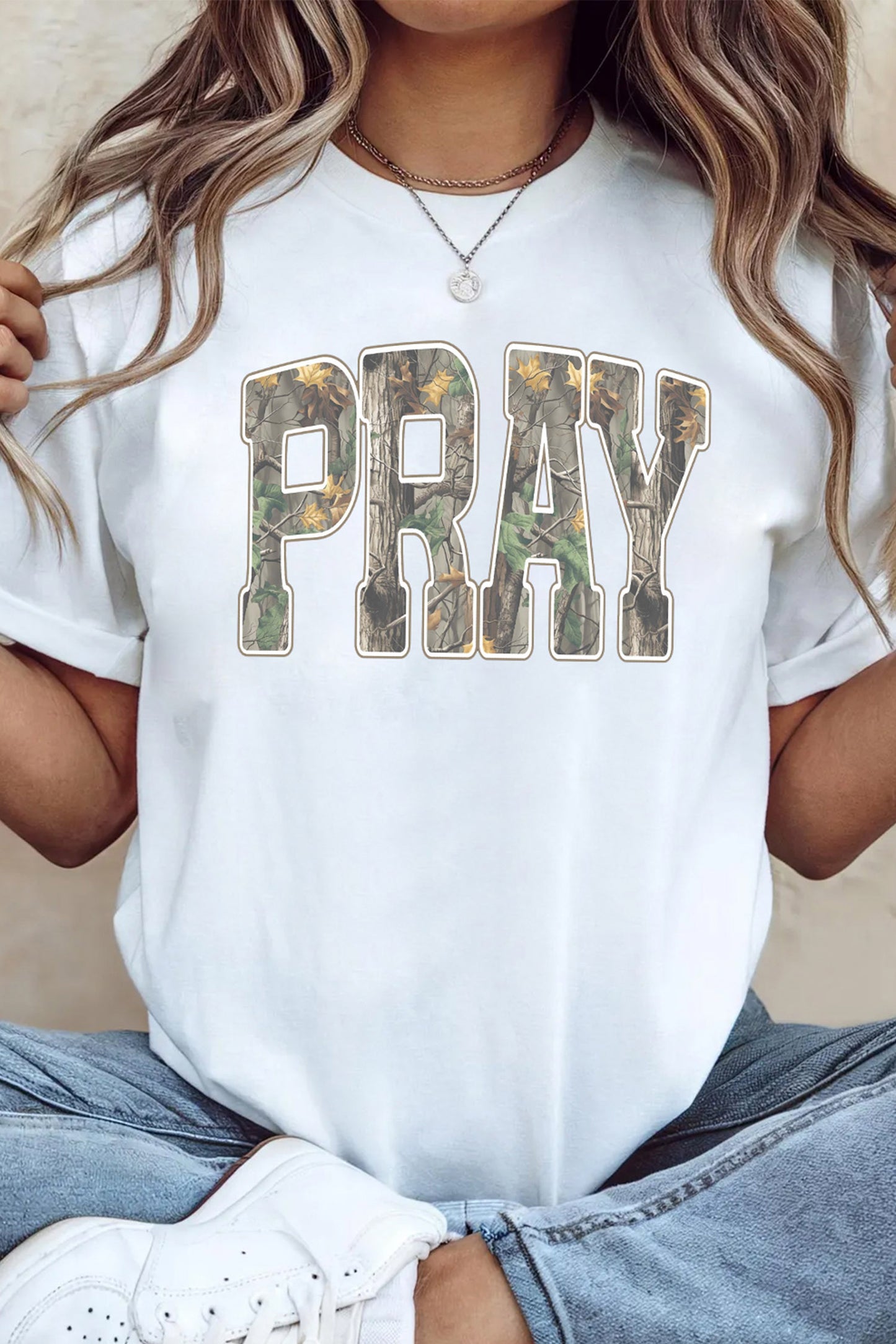 White PRAY Camo Letter Print Casual Round-Neck T-Shirt