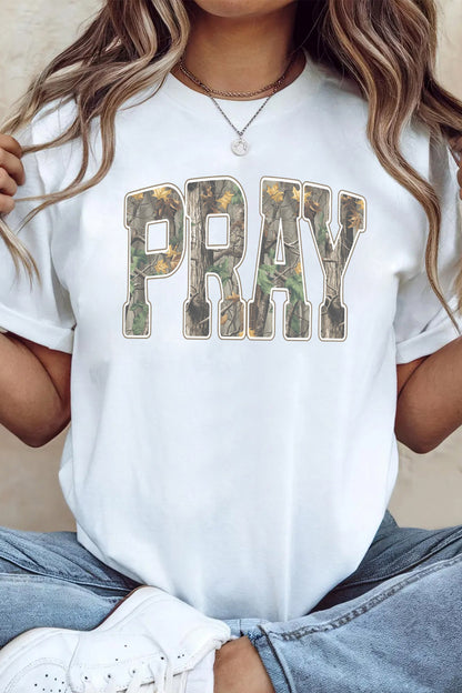 White PRAY Camo Letter Print Casual Round-Neck T-Shirt