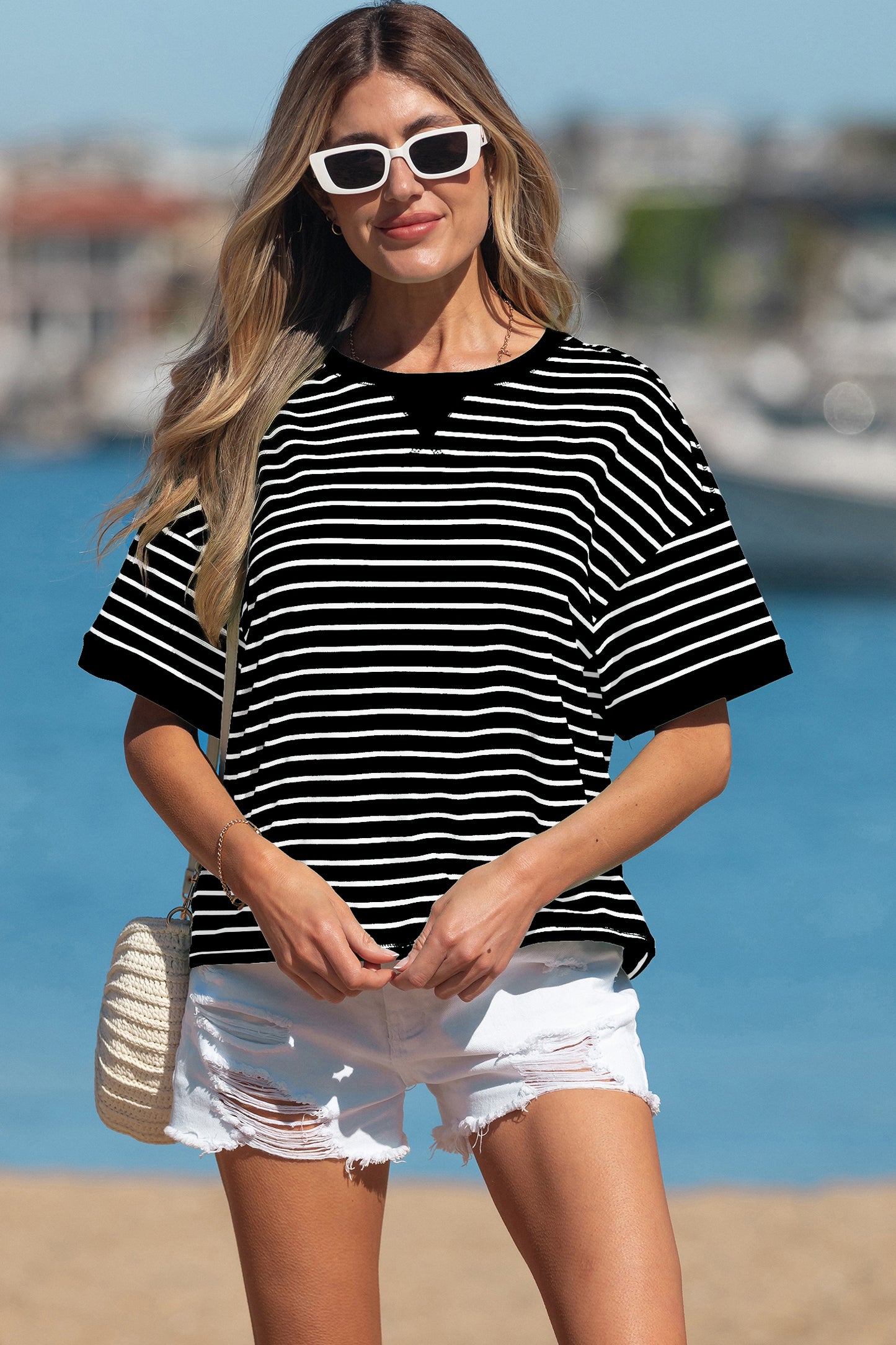 Black Striped Ribbed Half-Sleeve T-Shirt