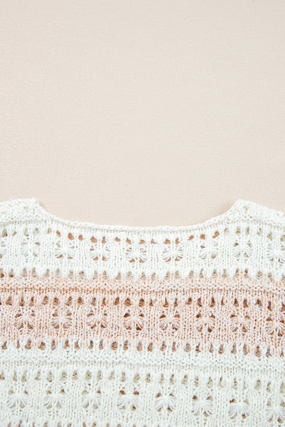 Pink Hollow-out Color-Block Drop-Shoulder Casual Sweater