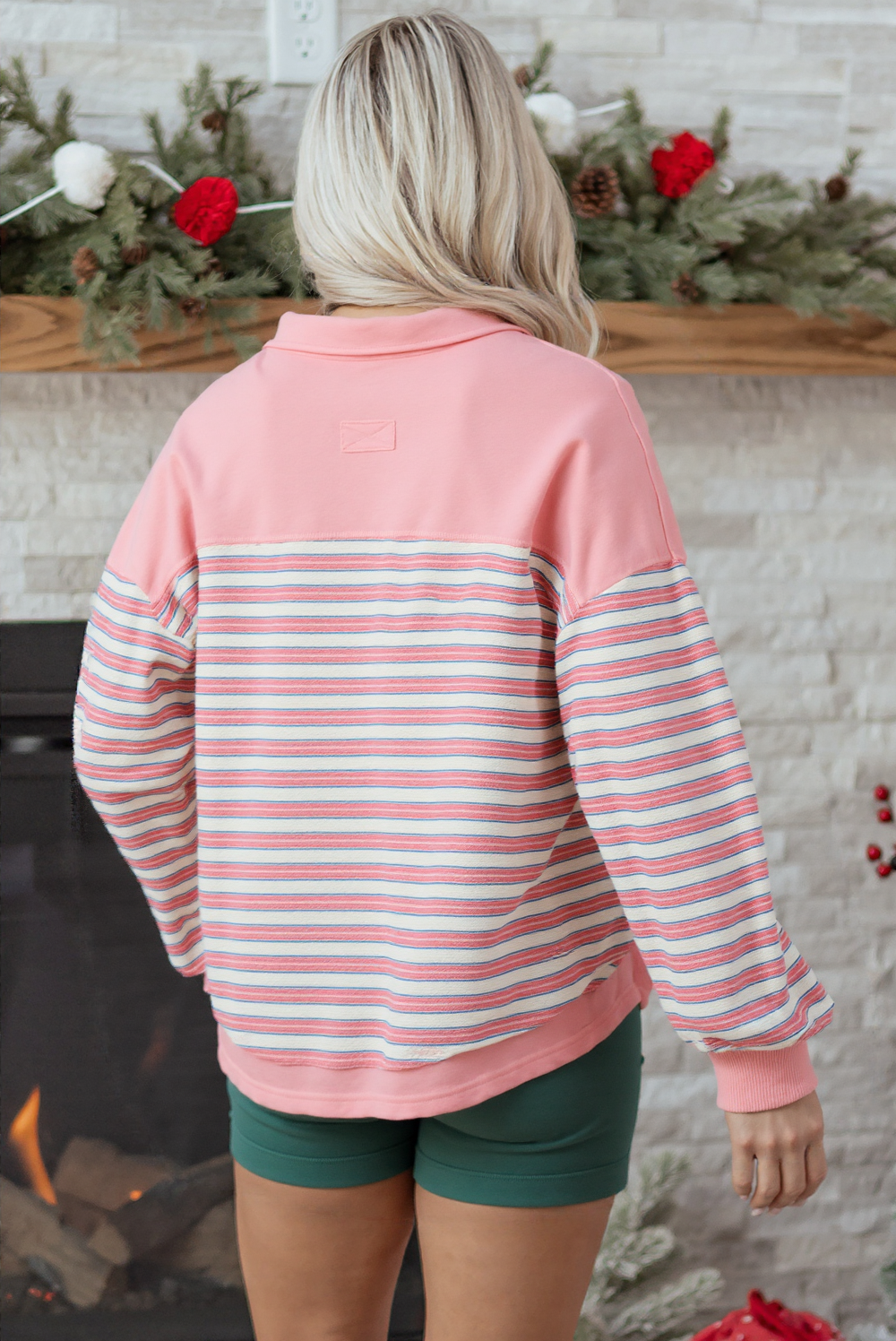 Pink Stripe Buttoned V-Neck Collared Drop-Shoulder Top
