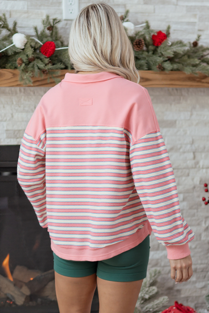 Pink Stripe Buttoned V-Neck Collared Drop-Shoulder Top