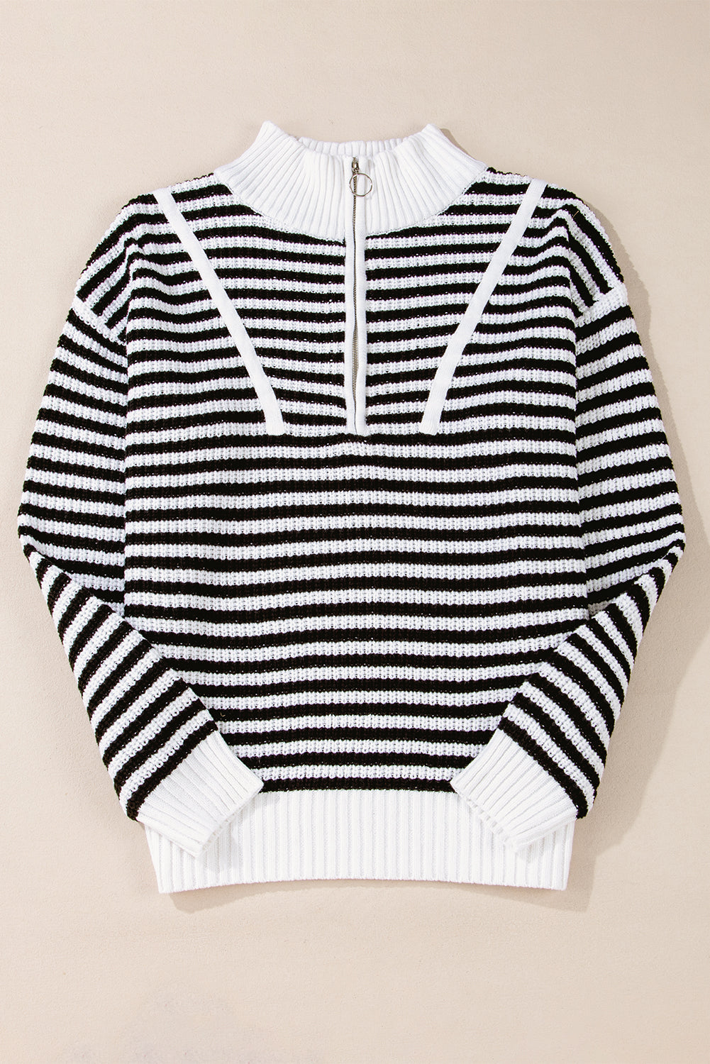 Khaki Striped Zip-Collar Sweater