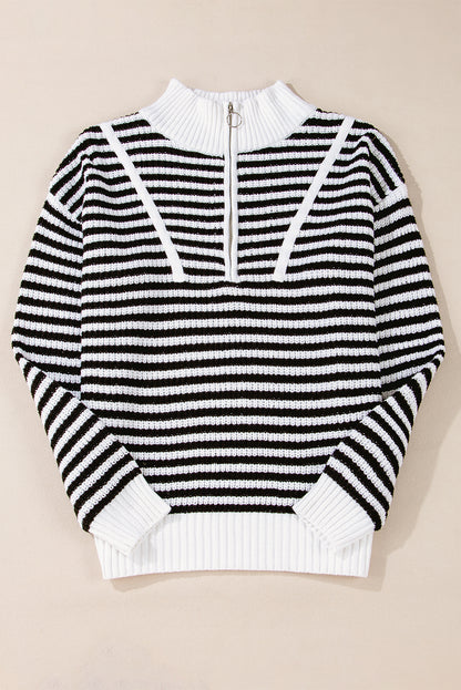 Khaki Striped Zip-Collar Sweater