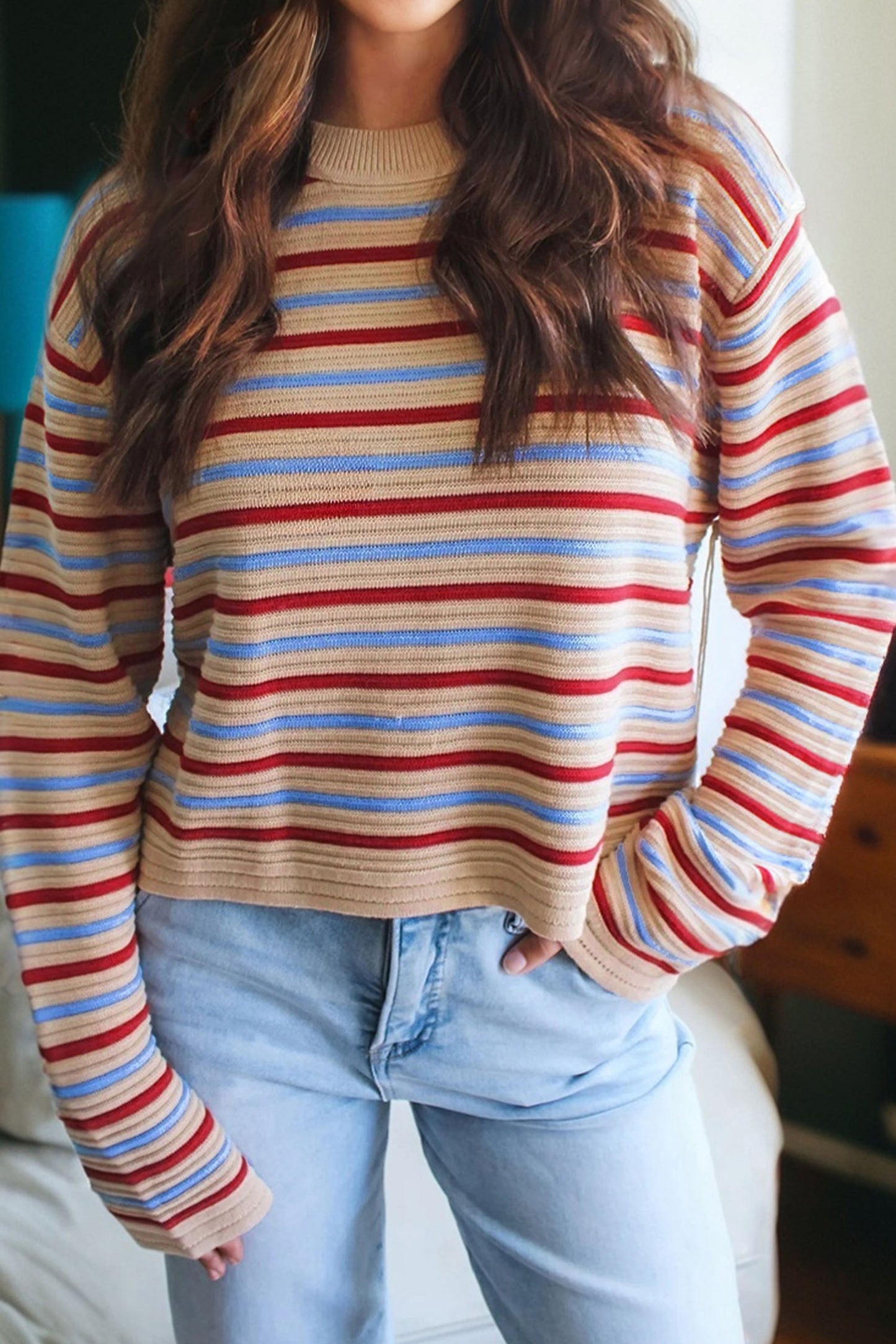 Khaki Multicolor Striped Cropped Sweater