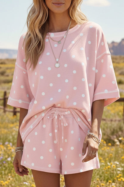 Pink Polka Dot Short-Sleeve Loose Top Drawstring Shorts Set