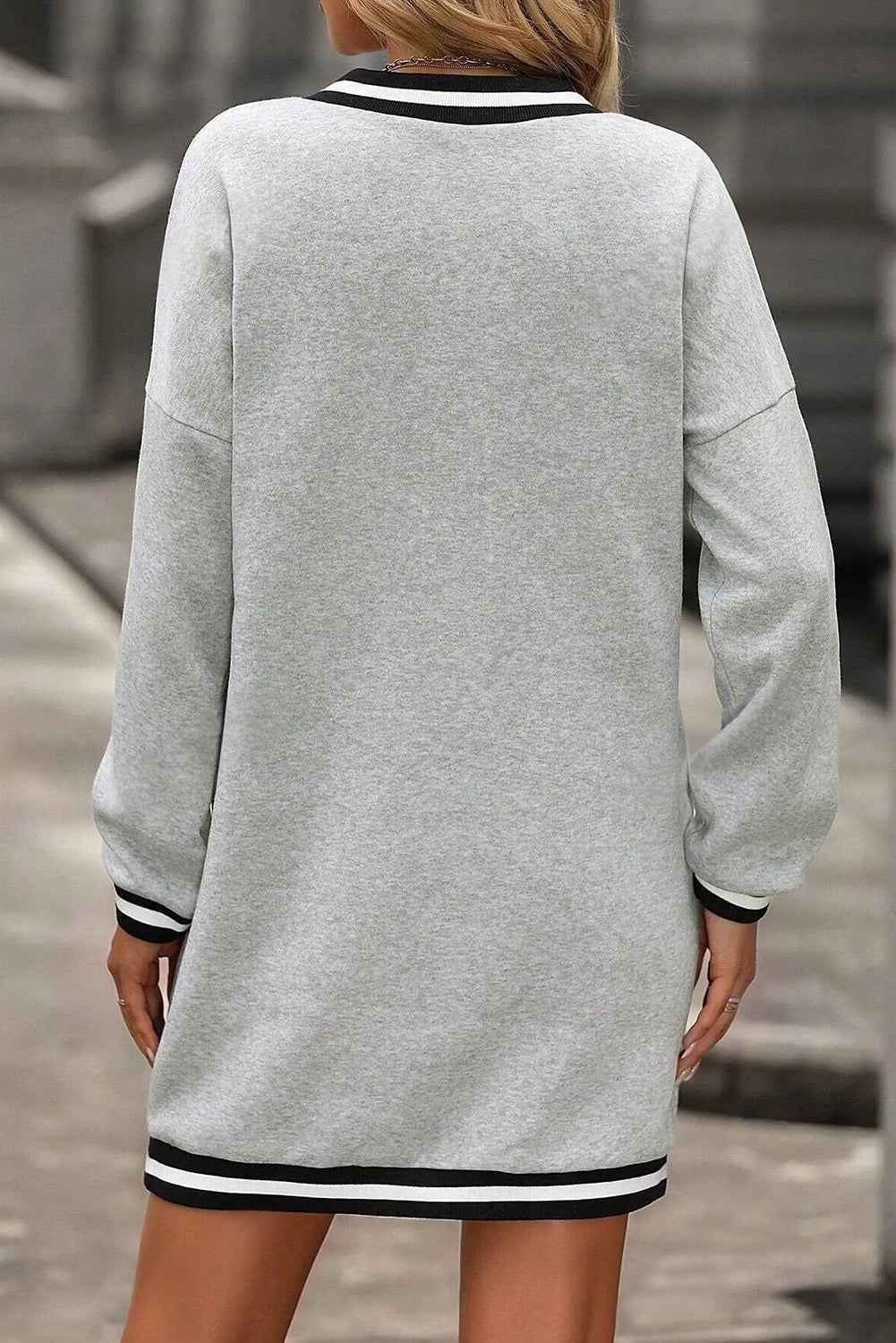 Light Grey Striped Trim V-Neck Long-Sleeve Preppy T-Shirt Dress