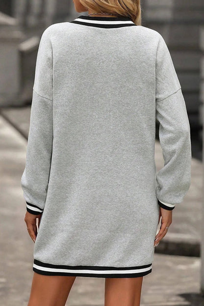 Light Grey Striped Trim V-Neck Long-Sleeve Preppy T-Shirt Dress