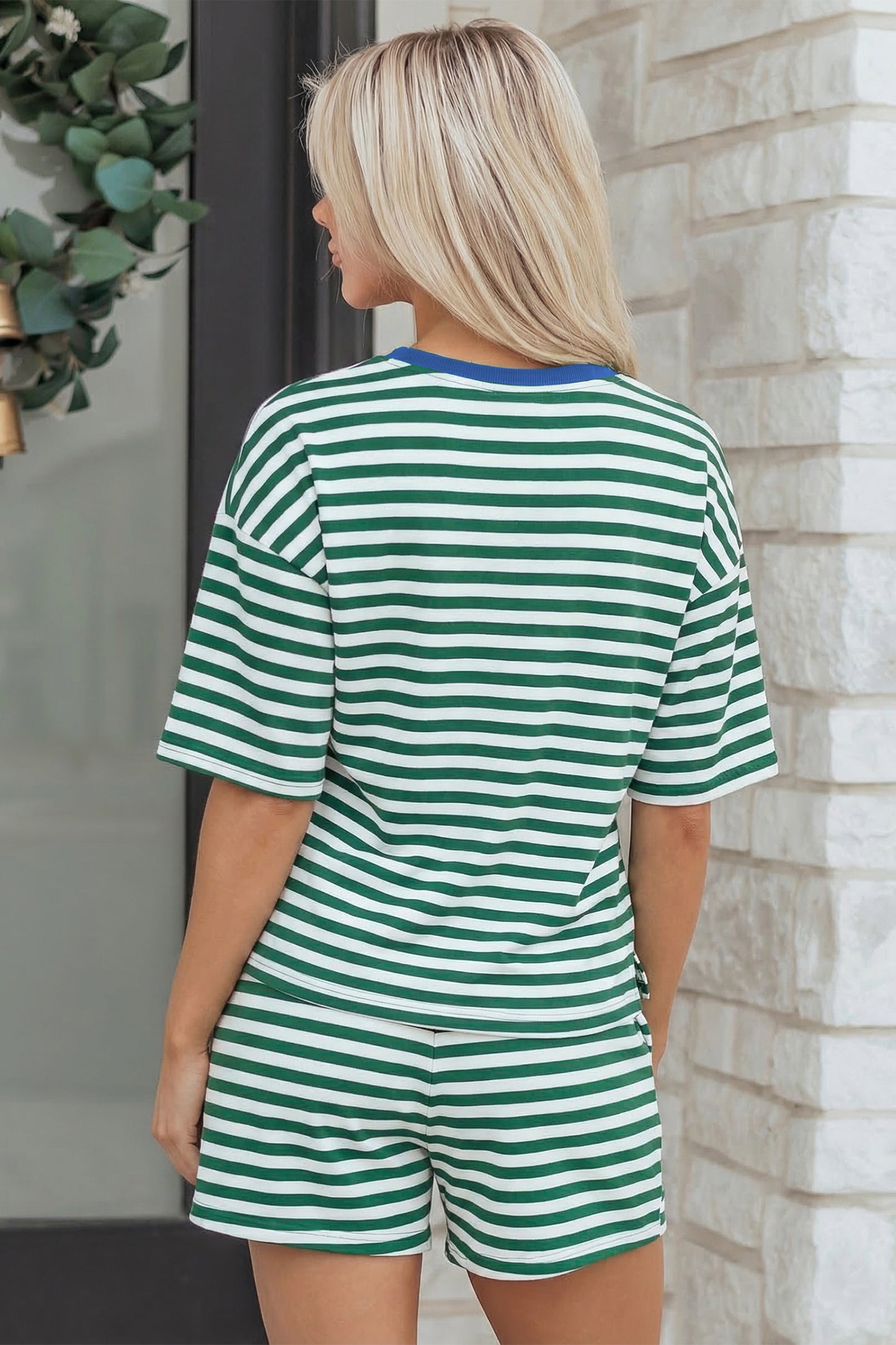 Striped Drop-Shoulder Terry Shorts Set