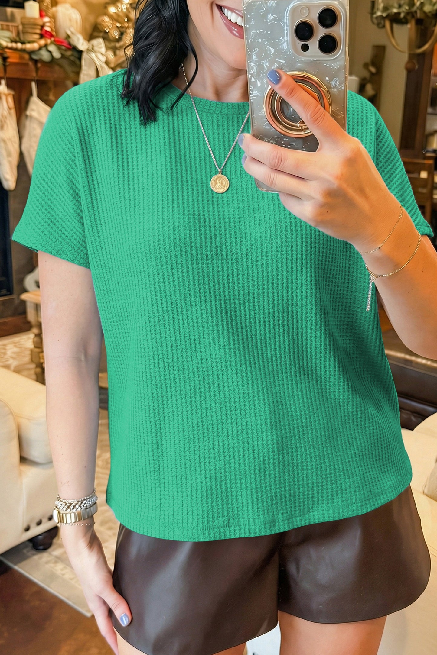 Beau Blue Waffle-Knit Dolman-Sleeve Top