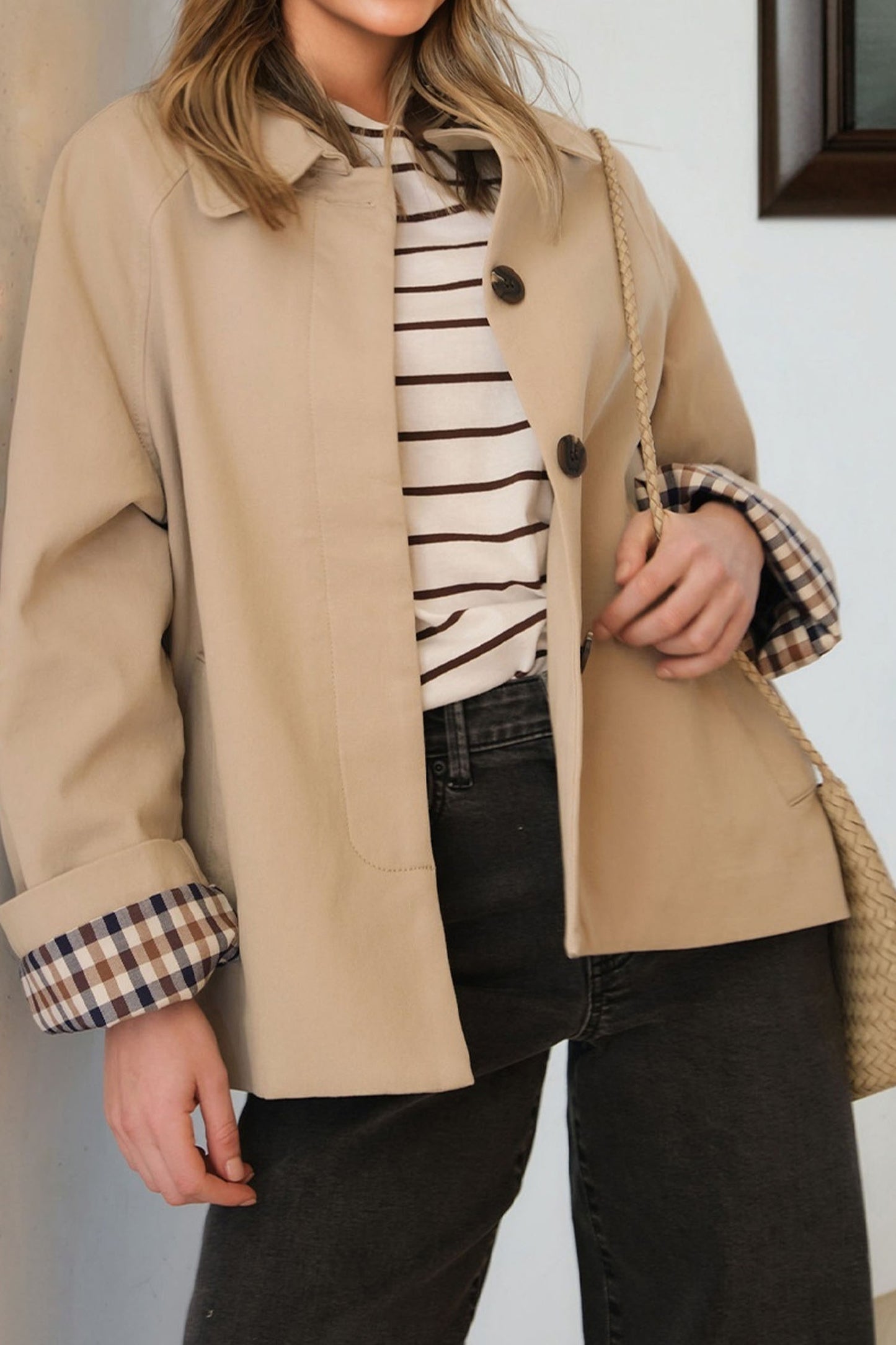 Parchment Plaid-Trim Trench Coat