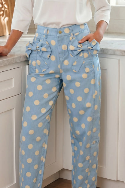White Polka Dot Print Bow Detail Pocketed Barrel Jeans