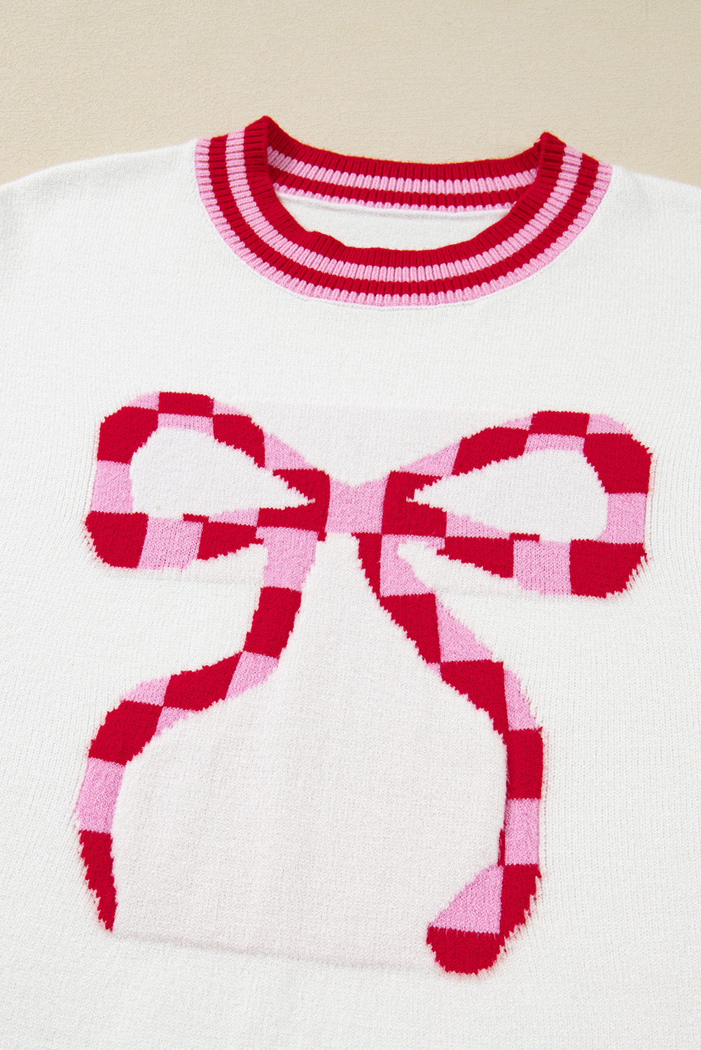 White Bow-Graphic Striped-Trim Sweater